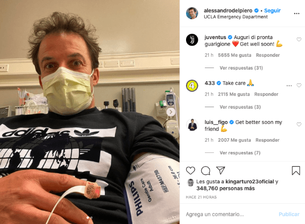 Alessandro Del Piero publicó una imagen desde el hospital tras ser internado de urgencia. Foto: Instagram