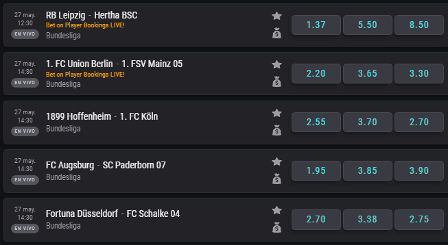 Estas son las cuotas de los partidos correspondientes a la jornada de miércoles de la Bundesliga junto a Coolbet.