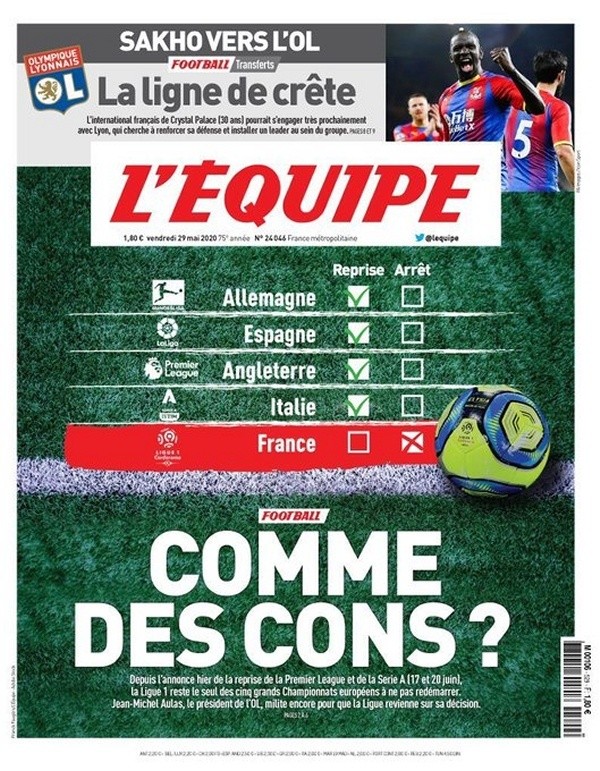 Esta es la portada que le dedicó el medio L’Equipe al fútbol francés.