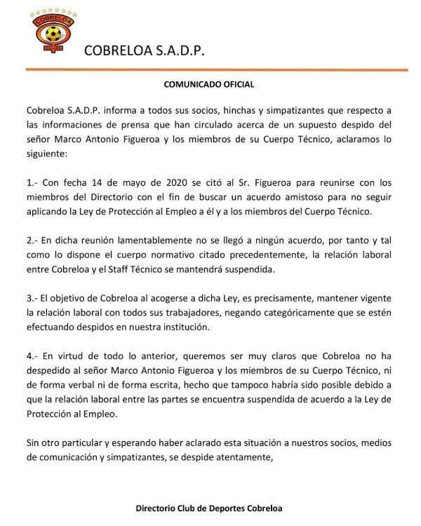 El comunicado de Cobreloa hace unas días con la versión del club sobre el quiebre con Marco Antonio Figueroa.