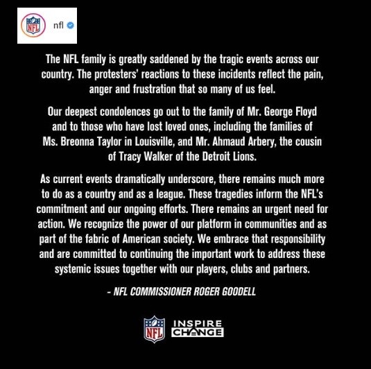 El comunicado de la NFL tras la el asesinato de George Floyd.
