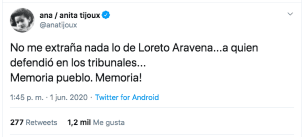 La publicación de Ana Tijoux en Twitter que avivó la conversación entre Héctor Morales y Loreto Aravena.