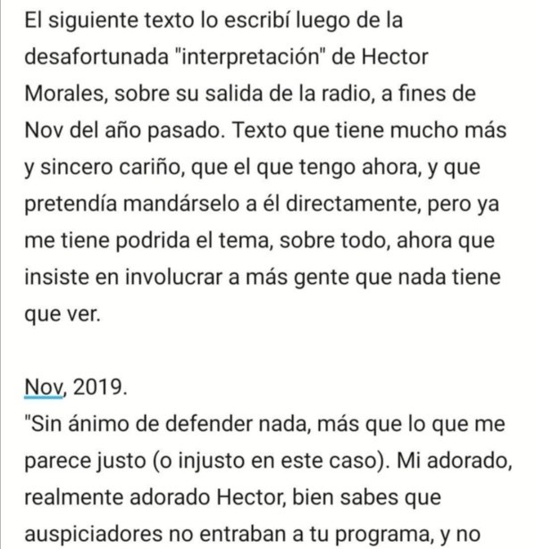 Primera parte del texto de Berni Traub a Héctor Morales.