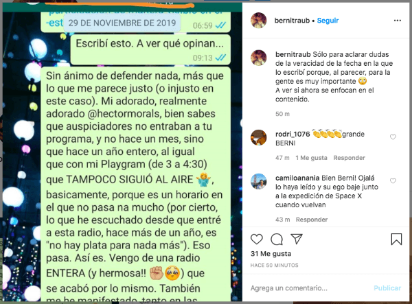 La publicación del Instagram que Berni Traub le dedicó a Héctor Morales.
