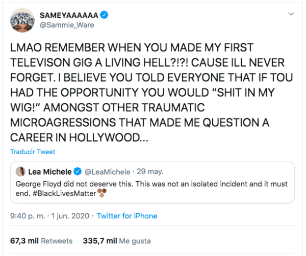 El momento en que Samantha Ware citó el tuit sobre George Floyd de Lea Michele.
