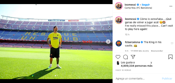 Lionel Messi publicó en Instagram su alegría por volver a pisar la cancha del Camp Nou.