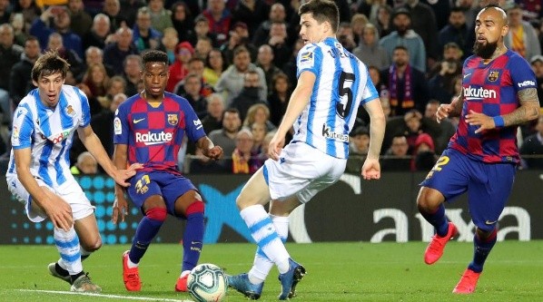 Ansu Fati, Zubeldia, Arturo Vidal and Robin Le Normand during the match between FC Barcelona and Real Sociedad, corresponding to the week 27 of the Liga Santander, played at the Camp Nou Stadium, on 07th March 2020, in Barcelona, Spain. (Photo by Joan Valls/Urbanandsport /NurPhoto)-Not Released (NR) Editorial Use Only