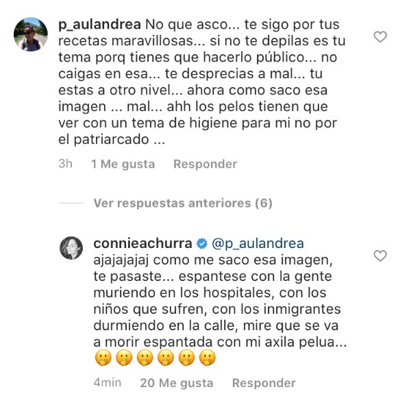 Las reacciones de Connie Achurra a los comentarios en Instagram.