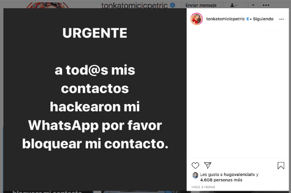 La publicación de Tonka Tomicic en Instagram, para alertar sobre el hackeo a su cuenta de Whatsapp.
