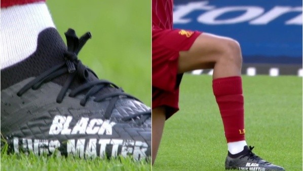 Los botines que ocupó el lateral en el regreso de Liverpool a las canchas en la Premier League.