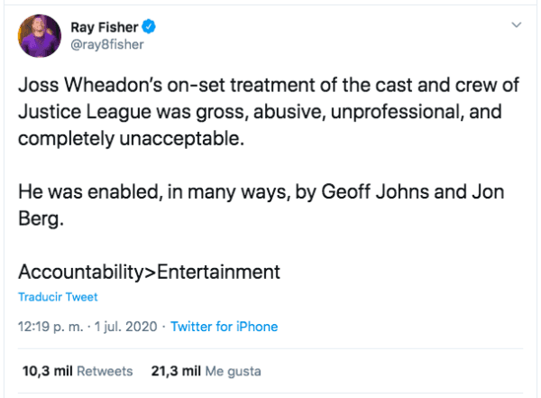 La quemante nueva declaración de Ray Fisher contra Joss Whedon.