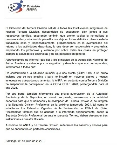 El comunicado de la Tercera División.