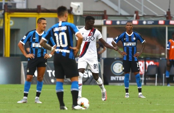 during the Serie A match between FC Internazionale and Bologna FC at Stadio Giuseppe Meazza on July 5, 2020 in Milan, Italy.-Not Released (NR)