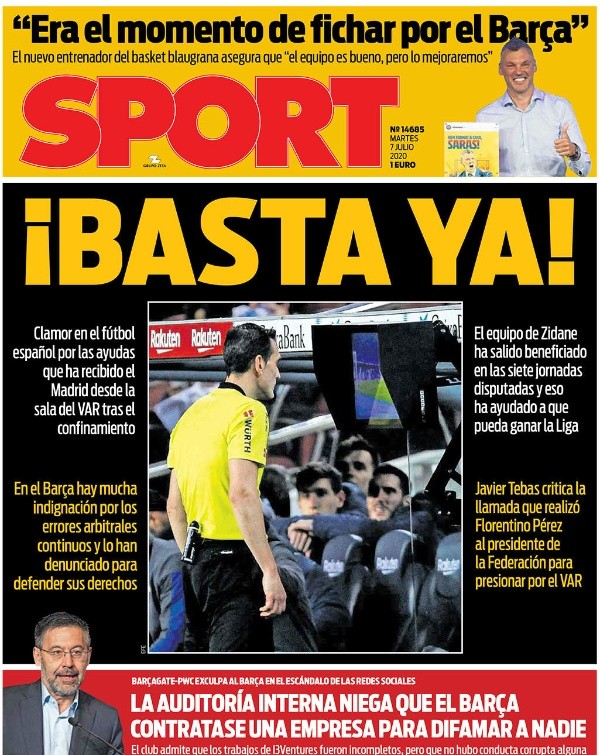 Diario Sport se lanzó contra los árbitros y el VAR, señalando que han favorecido al Real Madrid.