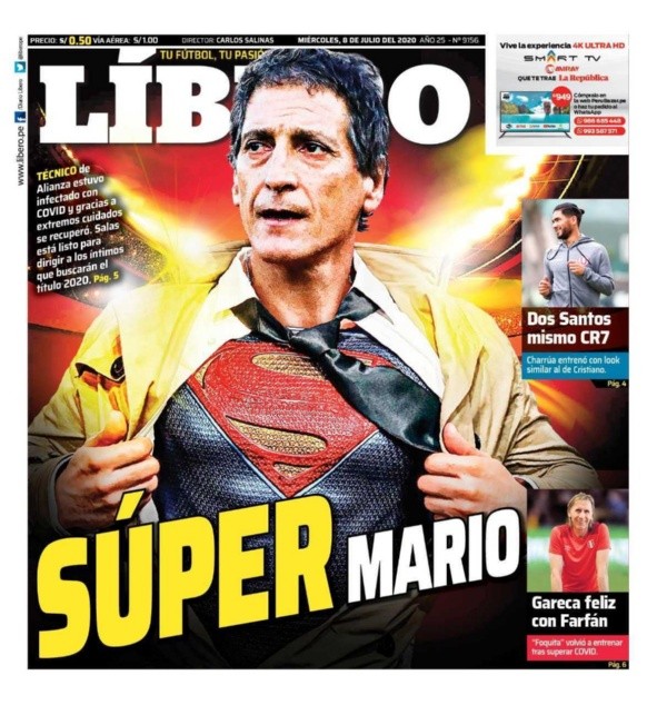 Líbero celebró que Mario Salas ya no tiene coronavirus con una portada en la que aparece como Superman. Foto: Twitter