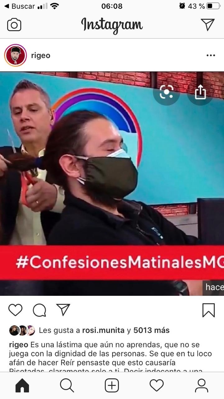Parte de la publicación de Rigeo en su Instagram contra el actuar de José Miguel Viñuela.