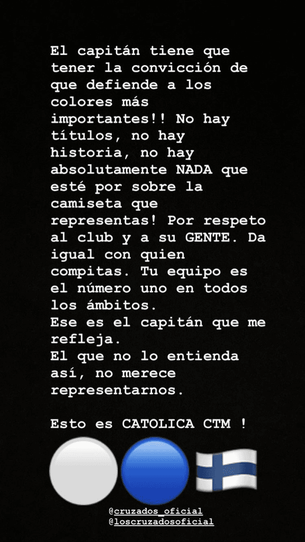 Este fue el potente mensaje de Nicolás Castillo a las palabras de José Pedro Fuenzalida. Foto: Instagram