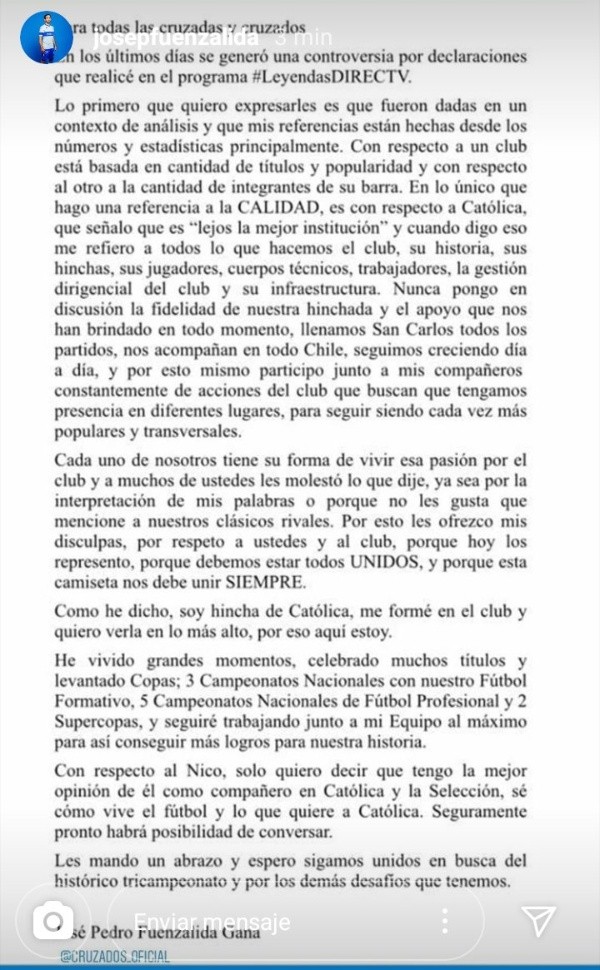Comunicado de José Pedro Fuenzalida