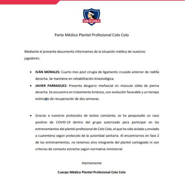 El comunicado de Colo Colo por Covid-19.