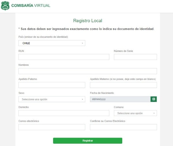 Así es el formulario para crear una cuenta local en Comisaría Virtual
