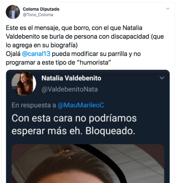 El tuit que Juan Antonio Coloma le dedicó a Natalia Valdebenito.