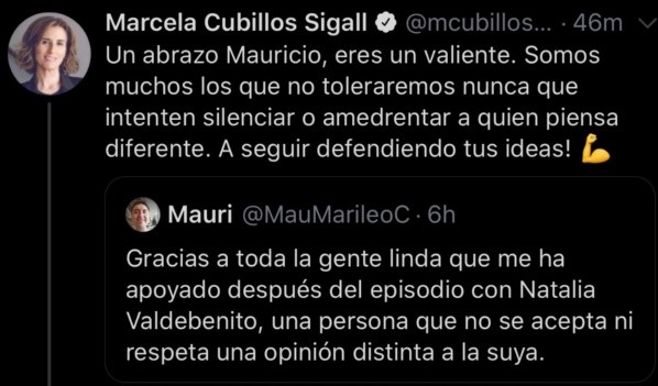 El tuit que Marcela Cubillos le dedicó a Mau Marileo, tras el enfrentamiento Natalia Valdebenito.