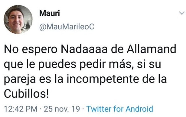 El tuit que Mau Marileo le dedicó a Marcela Cubillos, mucho antes de enfrentarse con Natalia Valdebenito.