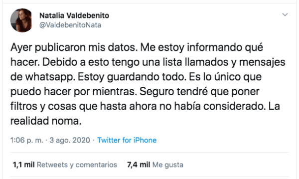 Natalia Valdebenito informa que sus datos fueron filtrados y que recibió amenazas directas en su teléfono móvil.