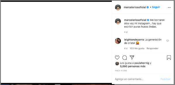 La publicación con que Marcelo Ríos reveló que nuevamente le habían cerrado la cuenta de Instagram.