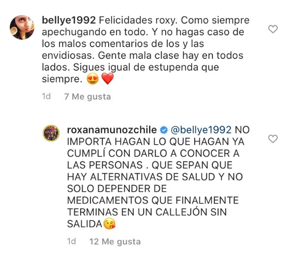 Una de las respuestas que entregó Roxana Muñoz a sus seguidores en Instagram.