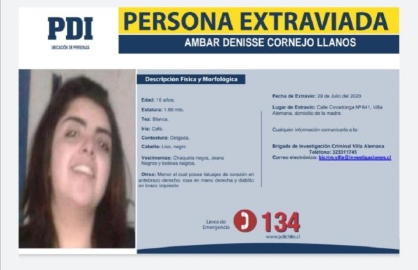 La alerta de la PDI por Ámbar Cornejo.