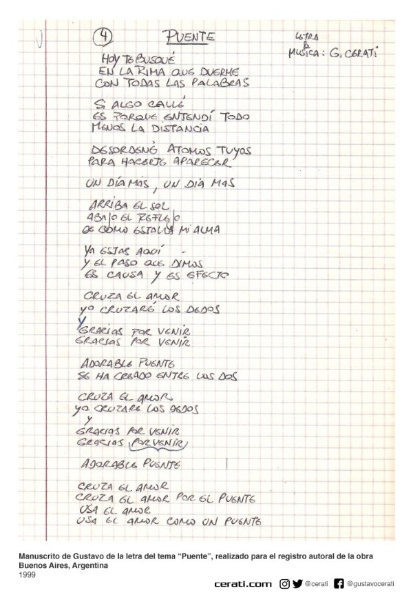 La publicación que compartió el manuscrito de &quot;Puente&quot;, de puño y letra de Gustavo Cerati.