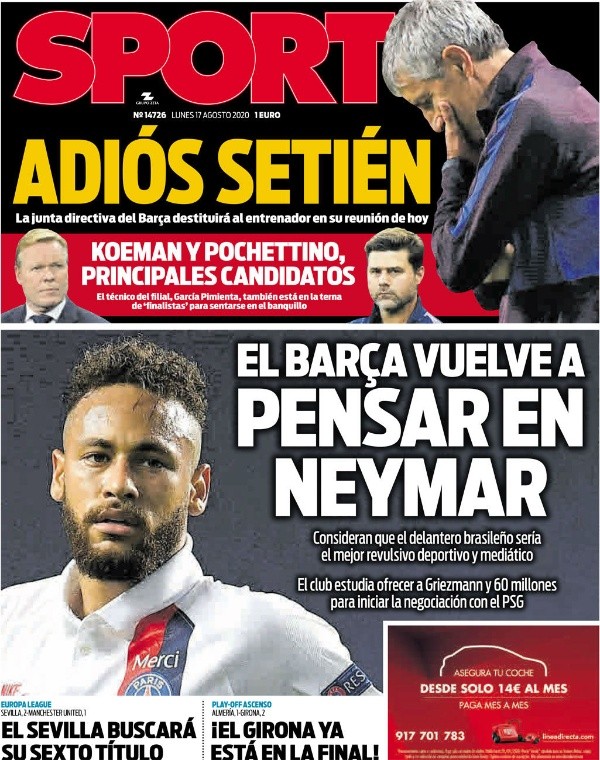 Portada de Sport con el soñado regreso de Neymar al Barcelona