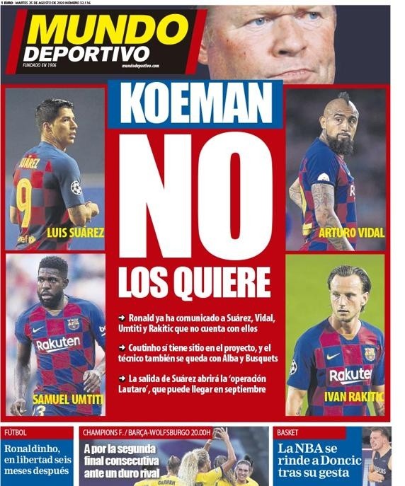 La portada de Mundo Deportivo coloca a Arturo Vidal fuera del Barcelona porque &quot;Koeman no lo quiere&quot;