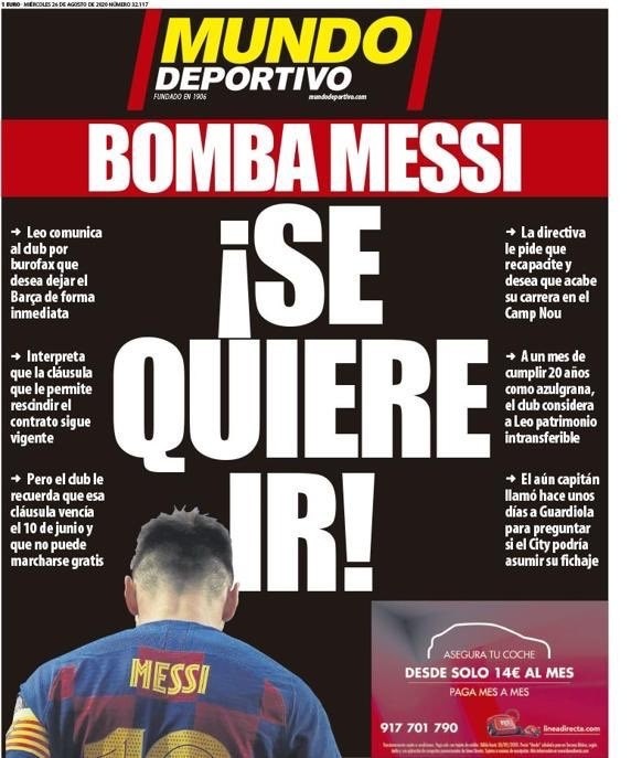 Mundo Deportivo pone el grito en el cielo en su edición de hoy. El conflicto Messi-Barcelona remeció el fútbol mundial