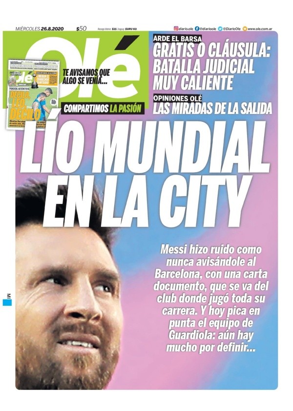 Diario Olé también pone al City como posible destino, en una tapa histórica