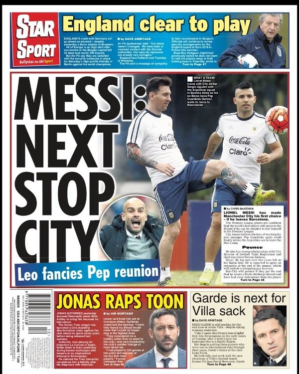 &quot;Próxima parada: Manchester City&quot; dice la portada del suplemento deportivo del Star de Inglaterra. ¿Qué dirá Guardiola?