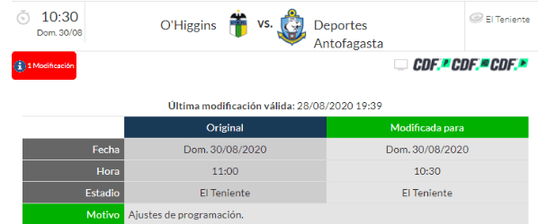 Nuevo horario de O'Higgins vs Antofagasta