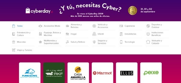 Cyber.cl, el sitio oficial del CyberDay, tiene todas las marcas con ofertas y también diferenciado por categoría | Foto: Captura Cyber.cl
