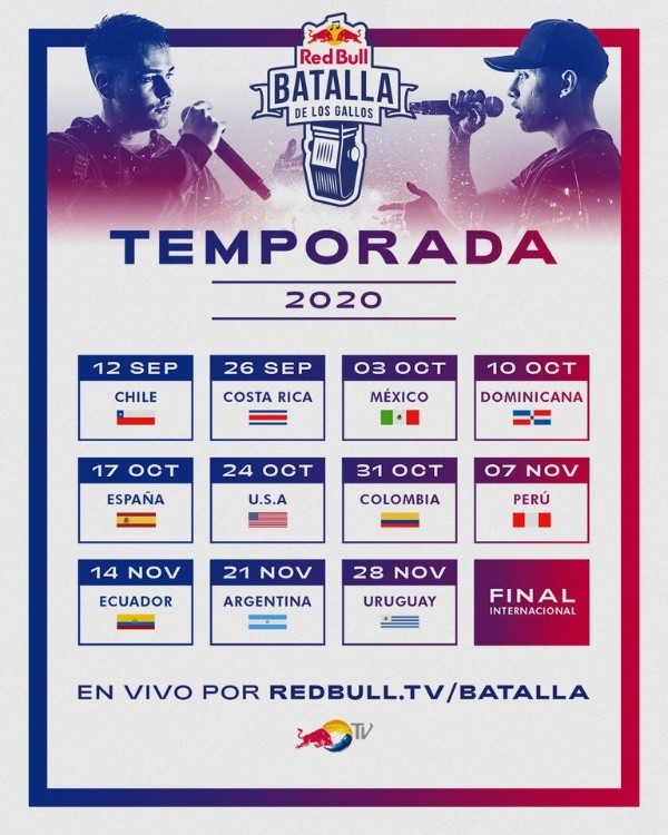 Las fechas clabe de la Batalla de los Gallos 2020 y que empezará con la final de Chile. (Foto: Red Bull9