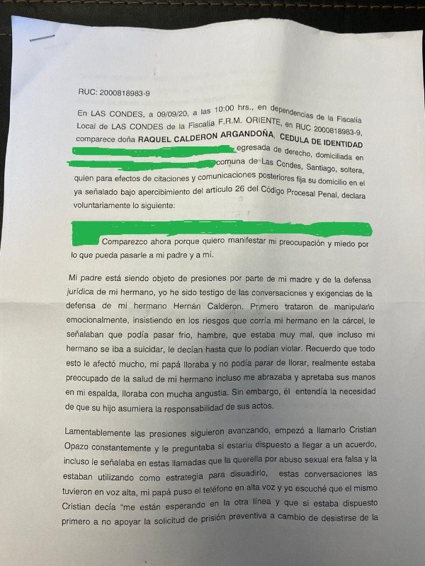 La declaración Kel Calderón acusando presiones de su madre Raquel Argandoña a su padre Hernán Calderón Salinas, para defender a su hermano Nano.