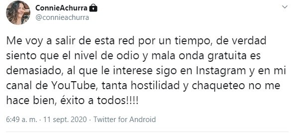 Connie Achurra anuncia que cerrará su cuenta de Twitter Connie Achurra anuncia que cerrará su cuenta de Twitter