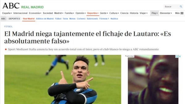 El Diario ABC descartó &quot;tajantemente&quot; el fichaje de Lautaro Martínez por parte de Real Madrid