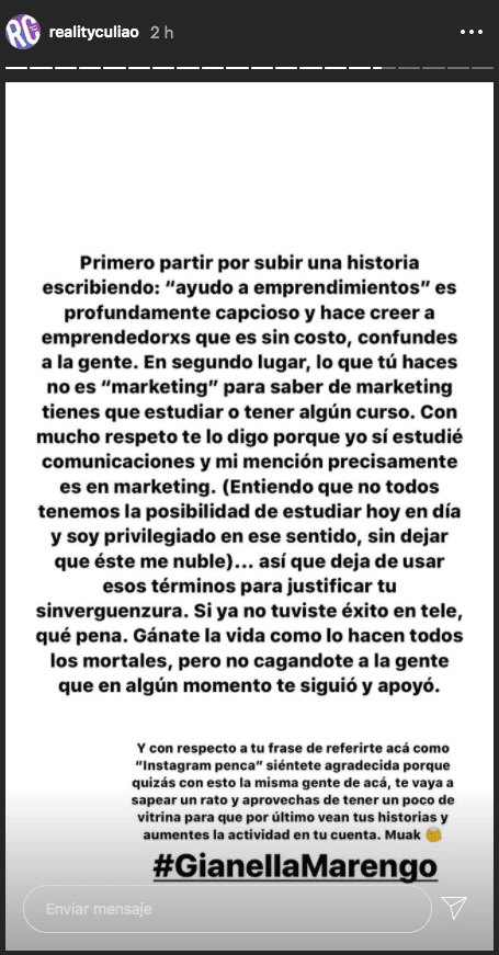 El mensaje de @realitycul*** a Gianella Marengo.