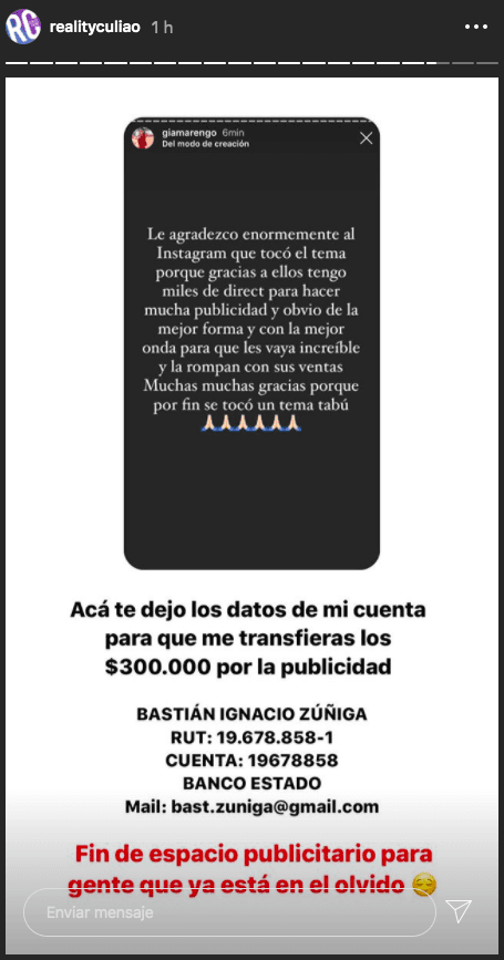 @realitycul*** le pide el depósito por la publicidad a Gianella Marengo.