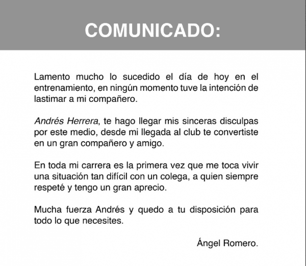Comunicado del jugador Ángel Romero (TyC Sports)
