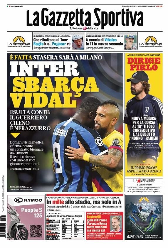 Arturo Vidal y su llegada al Inter protagonizan la portada de La Gazzetta dello Sport.