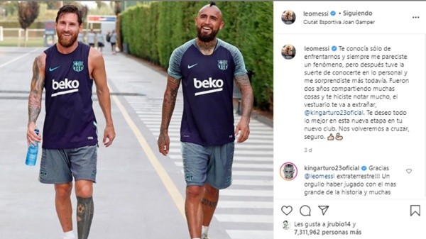 El emotivo Instagram que le dedicó Lionel Messi a Arturo Vidal tras su salida de Barcelona