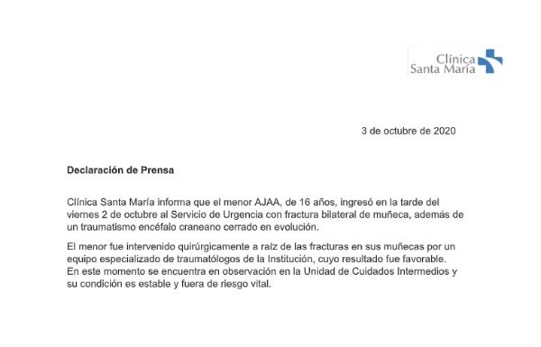 Comunicado Clínica Santa María | Foto: Clínica Santa María