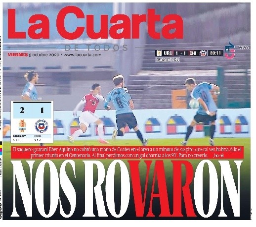 La Cuarta denunció el lamentable arbitraje en su portada este viernes, tras la derrota de Chile por Eliminatorias Qatar 2022